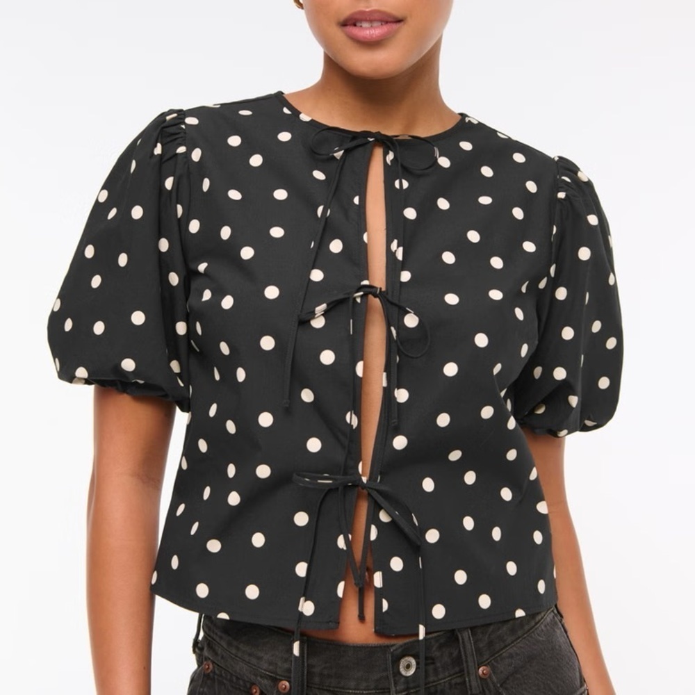 Women's Black Polka Dot Tie-Front Top